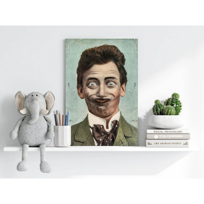 Gray elephant plush toy with floppy ears and trunk on white shelf