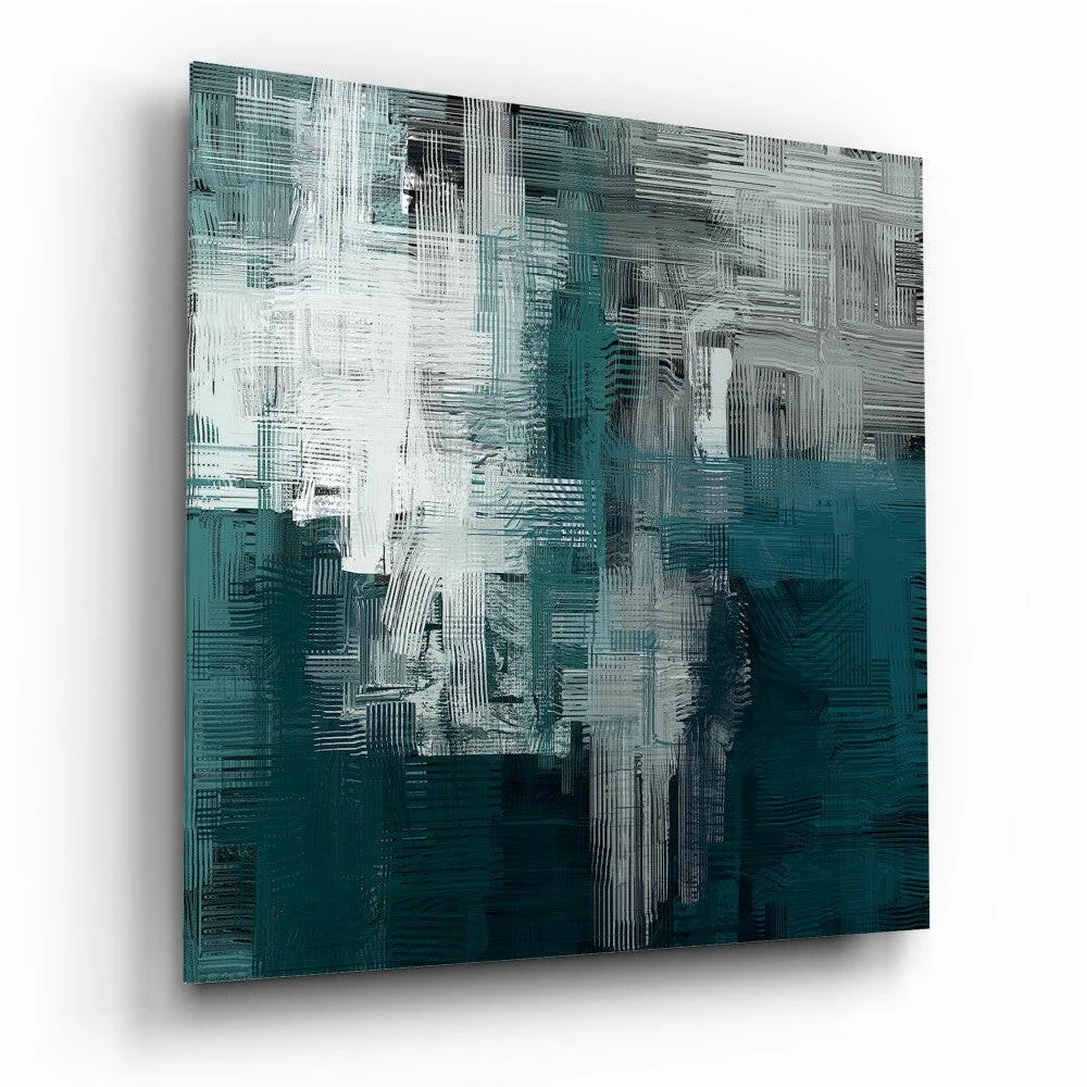 Stunning teal glass wall art with textured brushstroke layers in white and gray