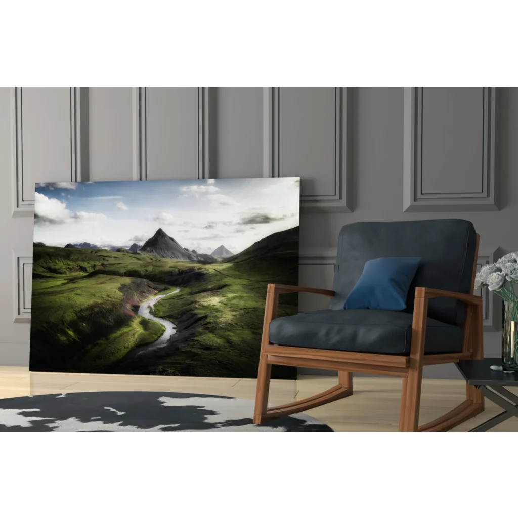 Lush green valley with river and mountains glass wall art print