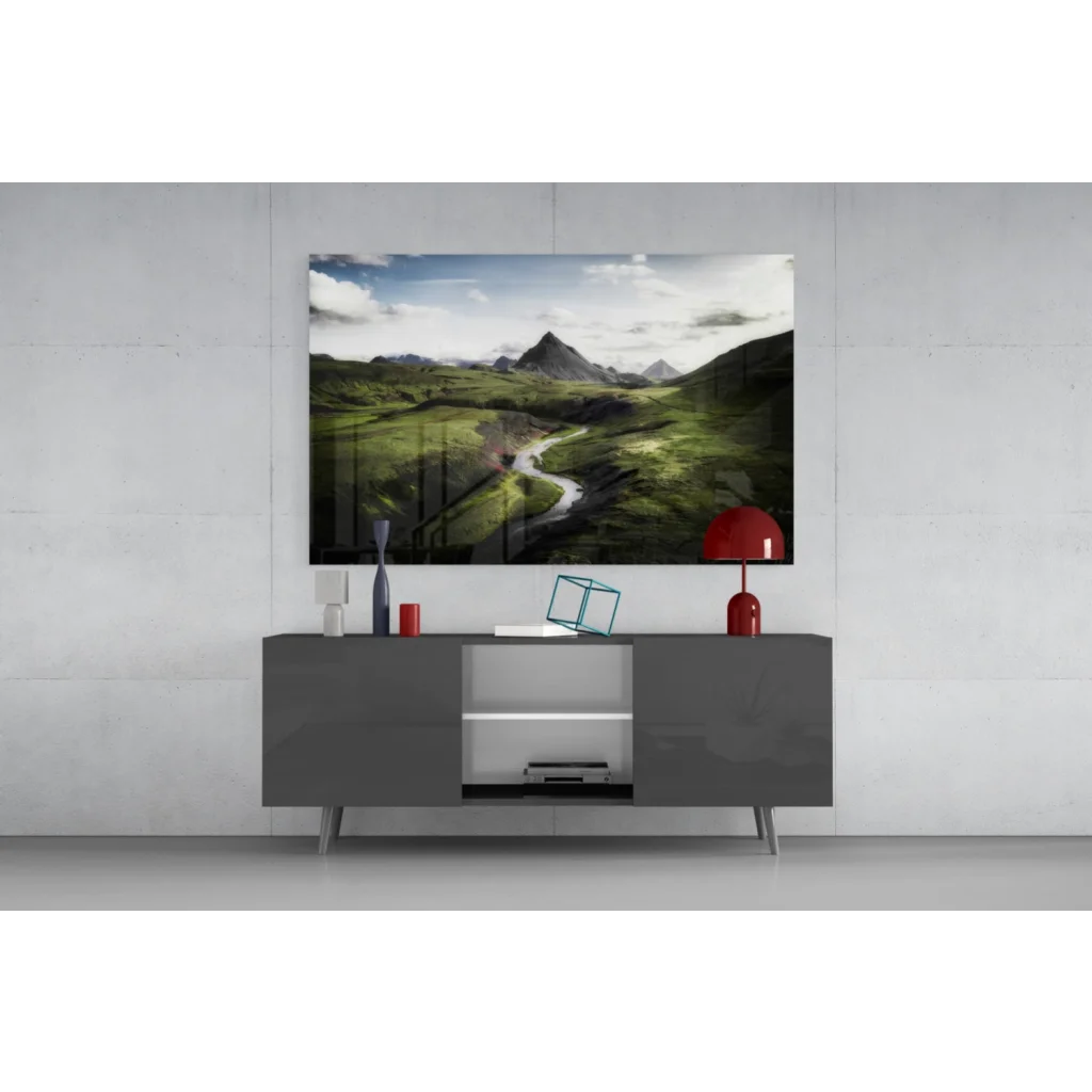 Modern gray console table with glass wall art print