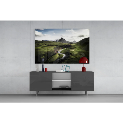 Modern gray console table with glass wall art print