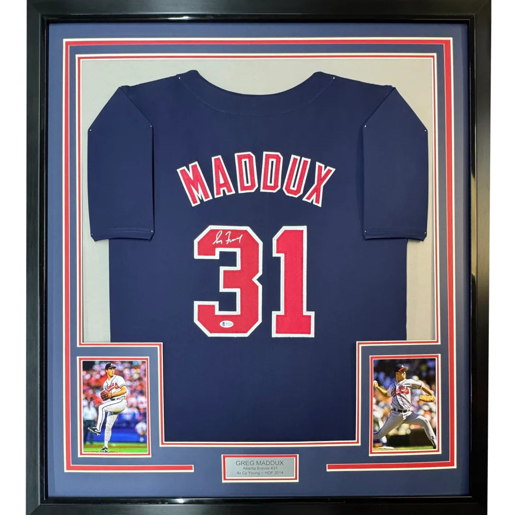 Framed Greg Maddux autographed jersey with photos and nameplate for man cave display
