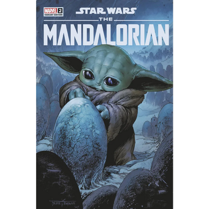 Grogu holding a Mythosaur Egg from Star Wars Mandalorian Season 2 by Rodney Barnes
