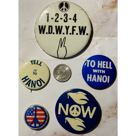 Vietnam War-era anti-war protest buttons and peace pins from the 1960s