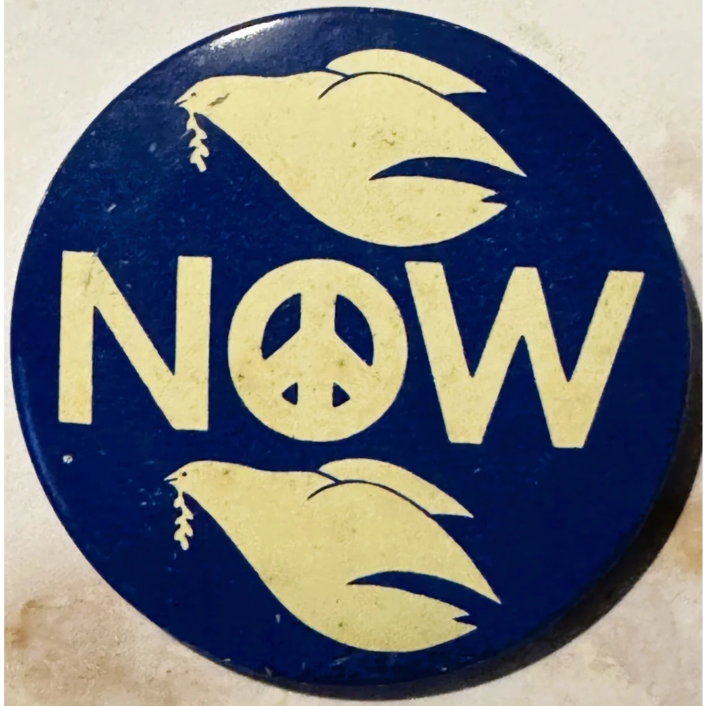 Blue button with NOW text and peace symbol featuring white doves for Groovy 60s pins