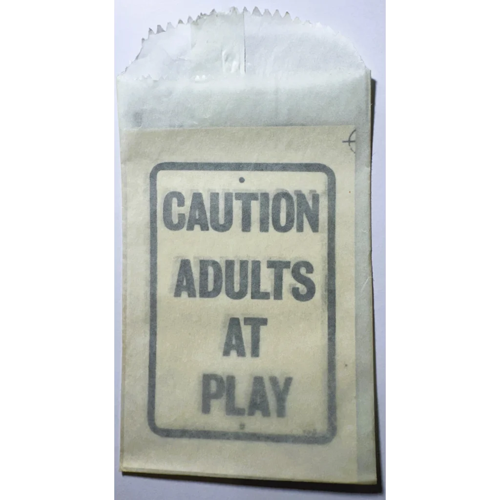 Vintage 1960s adults paper bag with Caution Adults at Play sign - Mid Century NOS Americana