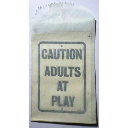 Vintage 1960s adults paper bag with Caution Adults at Play sign - Mid Century NOS Americana