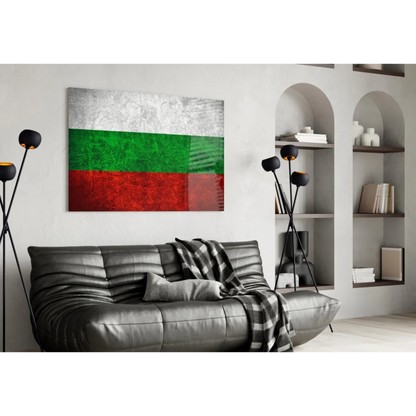Grunge Bulgarian Flag canvas wall art print with leather sofa accents