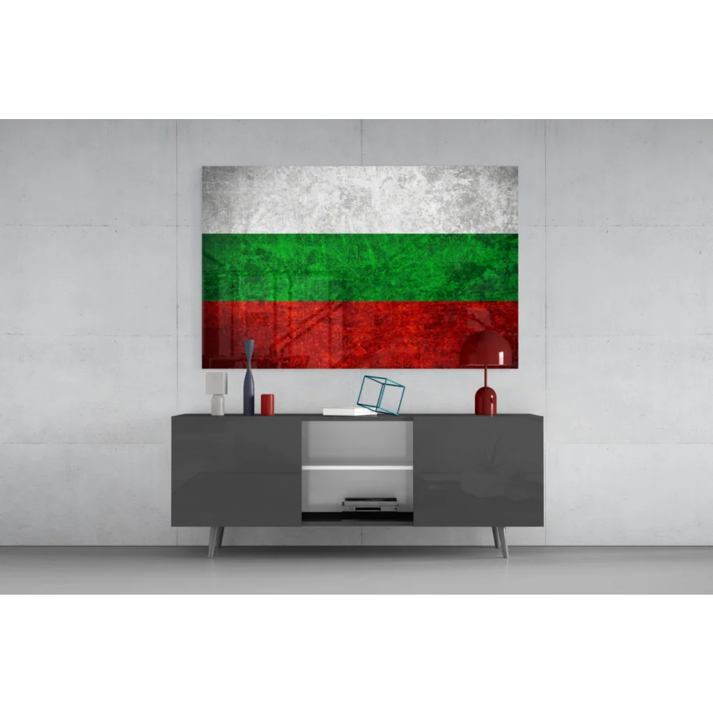 Grunge Bulgarian Flag wall art print on modern gray sideboard