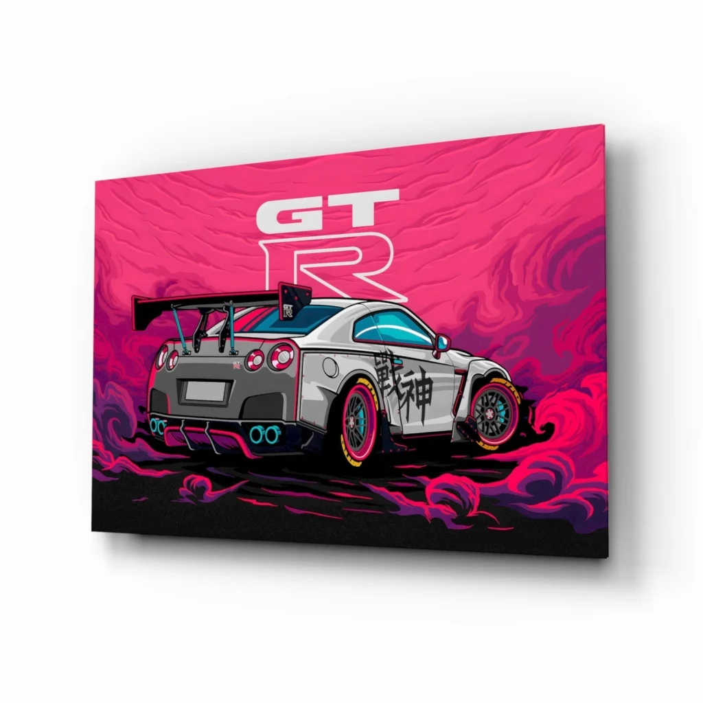 Vibrant JDM Nissan GT-R neon canvas wall art with Japanese graphics