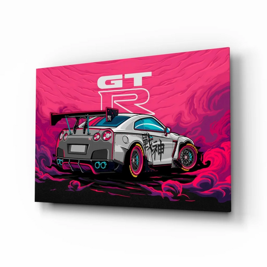Vibrant JDM Nissan GT-R neon canvas wall art with Japanese graphics