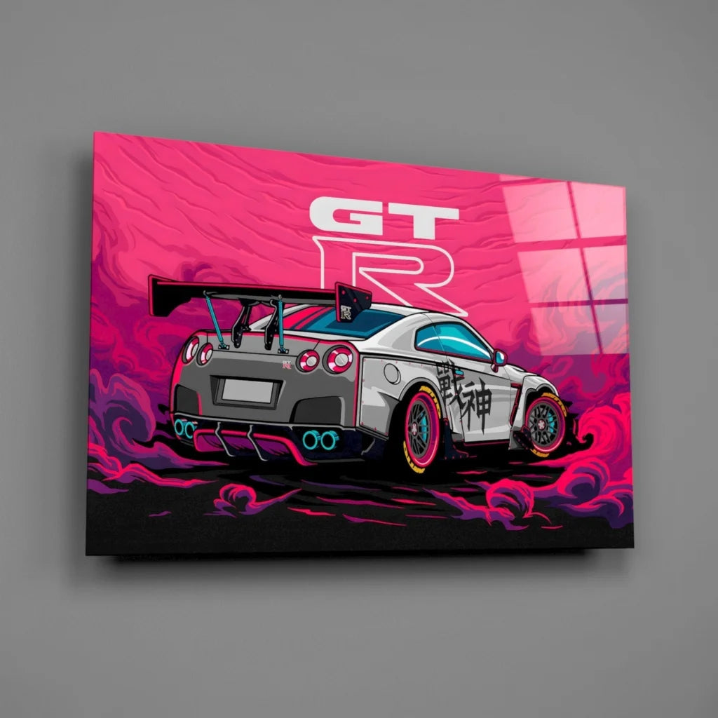 Vibrant JDM Nissan GT-R neon canvas wall art with Japanese graphics