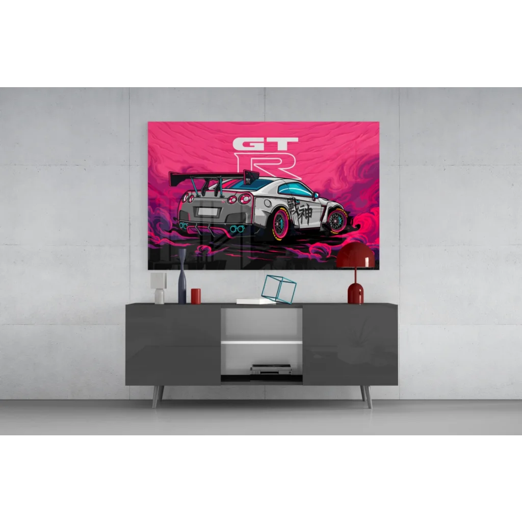 Vibrant JDM Nissan GT-R neon canvas wall art with Japanese graphics