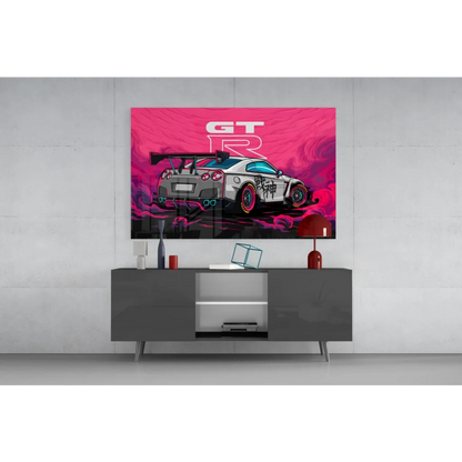 Vibrant JDM Nissan GT-R neon canvas wall art with Japanese graphics