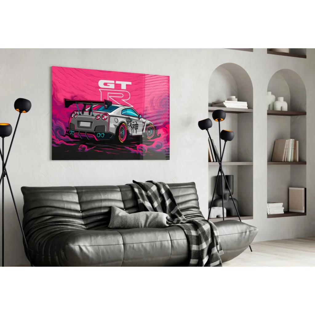 Vibrant pink Nissan GT-R neon canvas wall art with teal accents