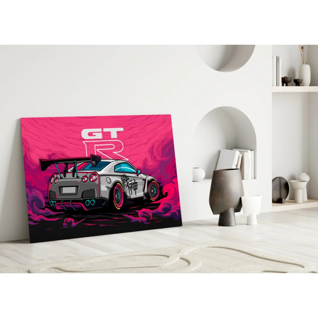 Stylized silver Nissan GT-R neon glass wall art with pink black canvas and Japanese graphics