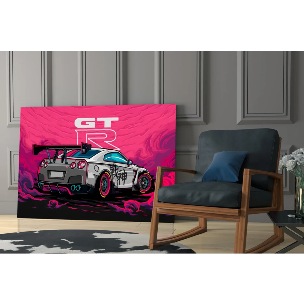 Vibrant pink Nissan GT-R neon canvas wall art with Japanese graphics