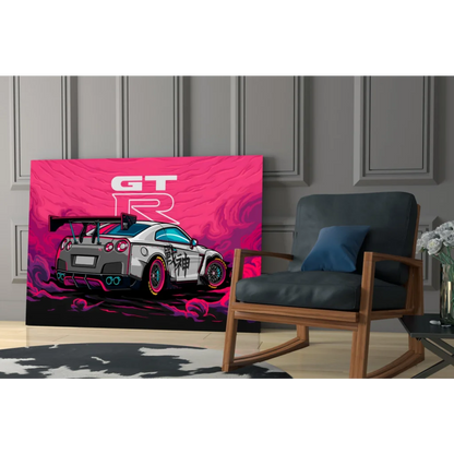 Vibrant pink Nissan GT-R neon canvas wall art with Japanese graphics