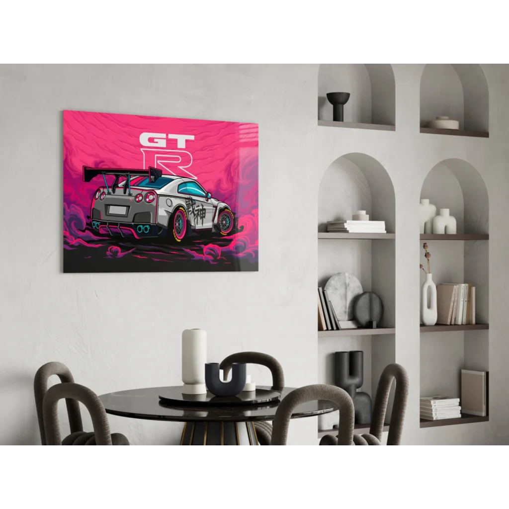Vibrant pink Nissan GT-R neon canvas wall art with Japanese graphics
