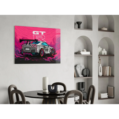 Vibrant pink Nissan GT-R neon canvas wall art with Japanese graphics