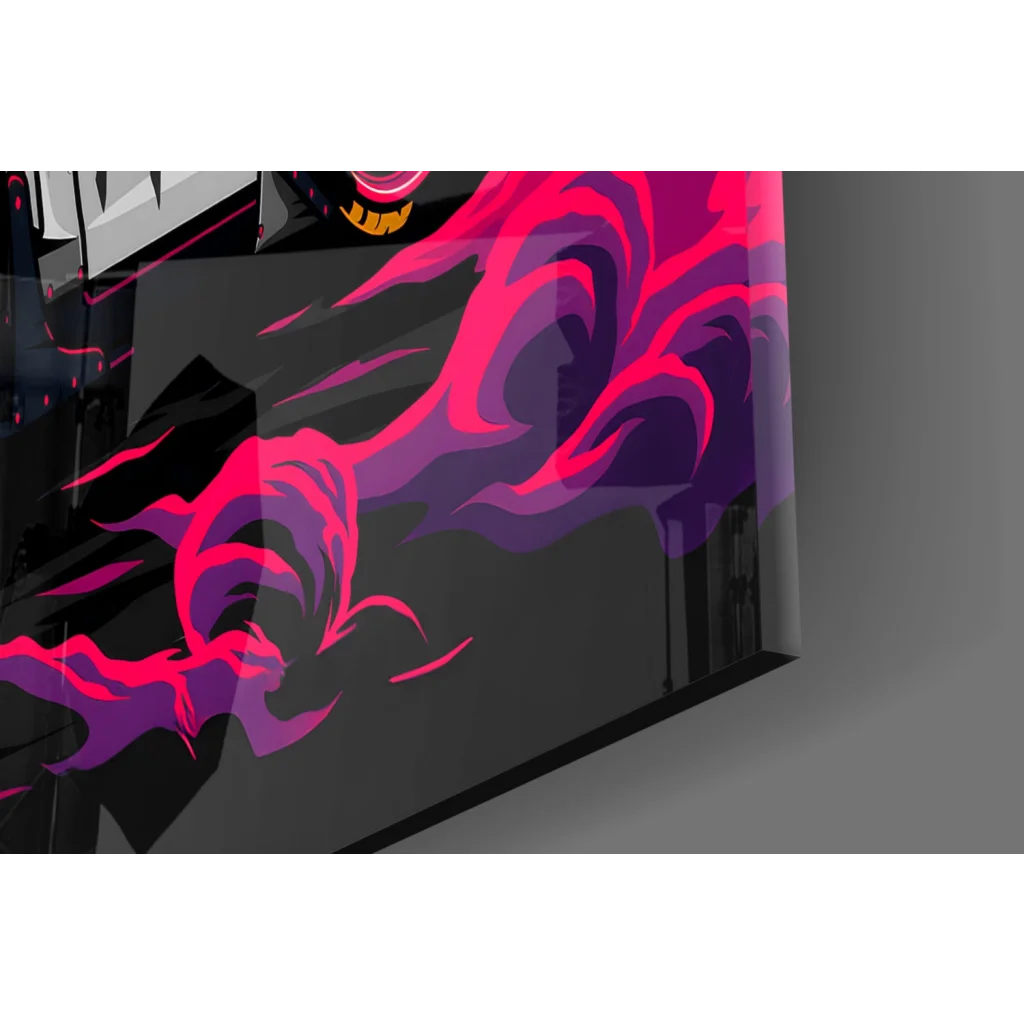 JDM Nissan GTR neon glass wall art with pink purple flame graphics