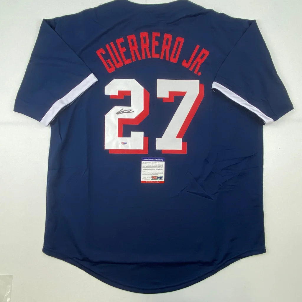 Autographed Guerrero Jr custom jersey in blue with red white accents