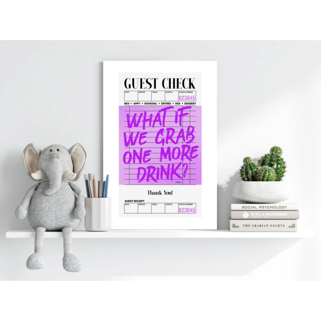 Vibrant purple guest check bar art on Insigne Aluminum Prints