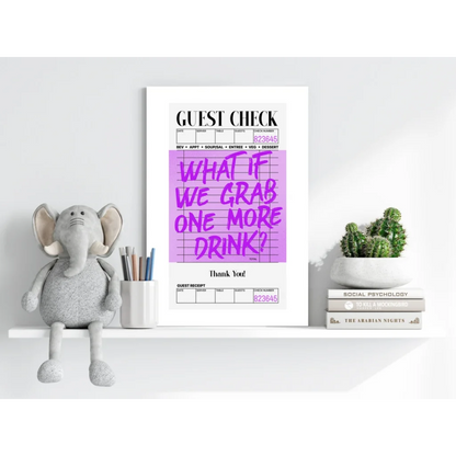 Vibrant purple guest check bar art on Insigne Aluminum Prints