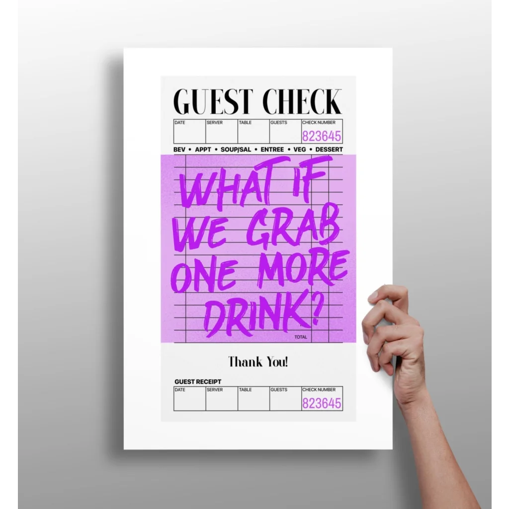 Vibrant purple black Insigne Aluminum Prints guest check bar art poster with bold What If We Grab One More Drink script