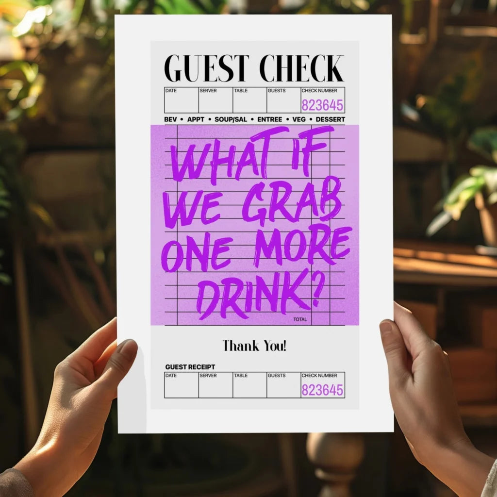 White guest check receipt with purple note on Insigne Aluminum Prints bar art