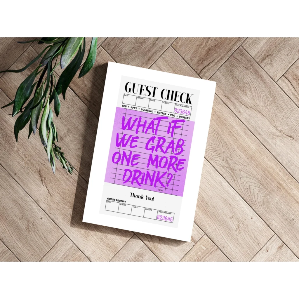White guest check with purple handwritten message on Insigne Aluminum Prints bar art