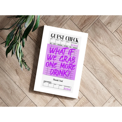 White guest check with purple handwritten message on Insigne Aluminum Prints bar art