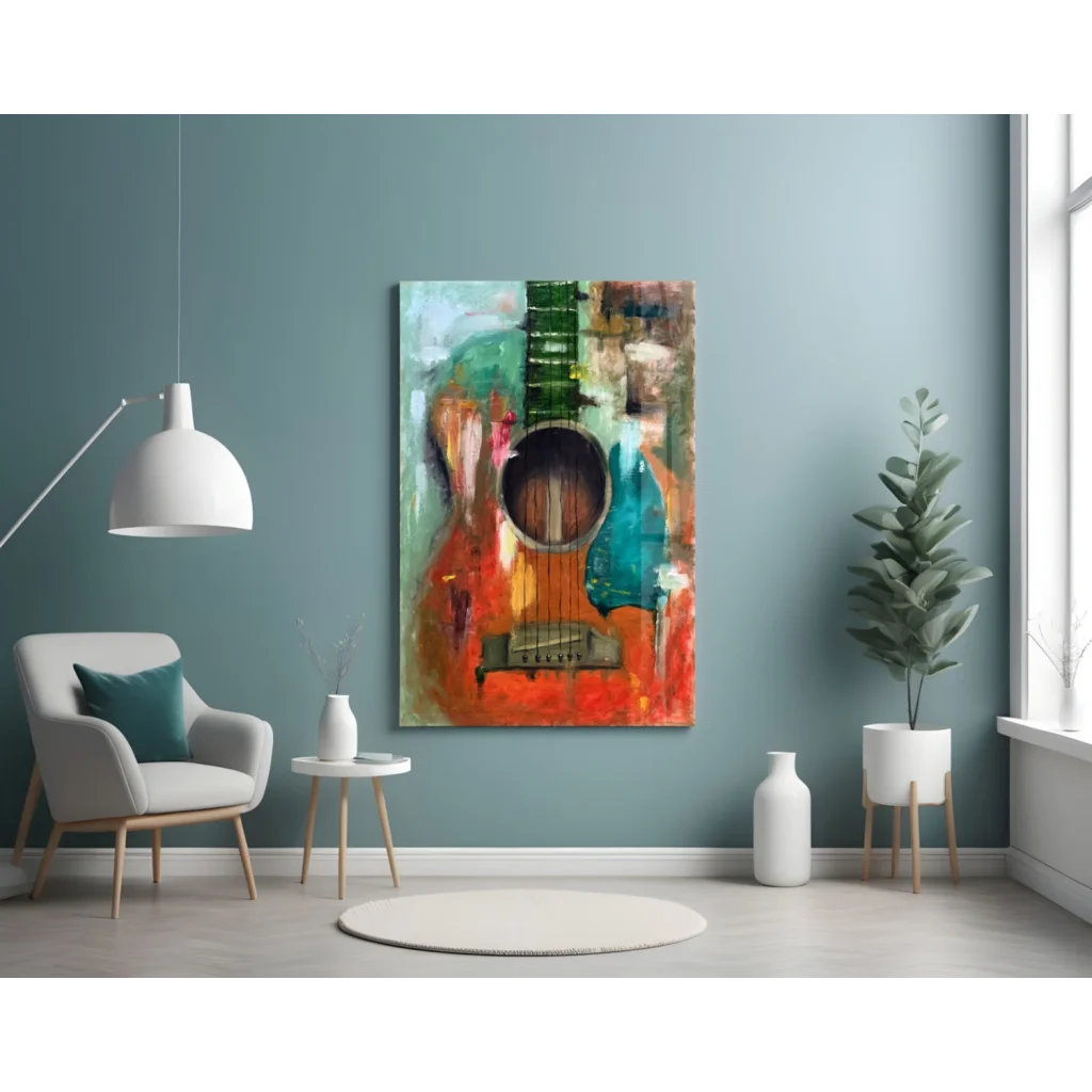 Vibrant abstract guitar on glass wall art with bold orange teal green strokes