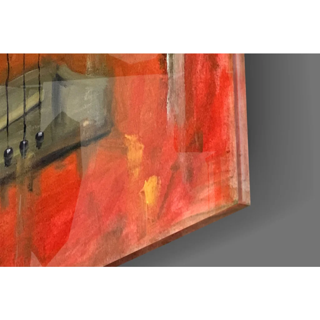 Vibrant abstract glass wall art with bold red orange strokes on guitar design