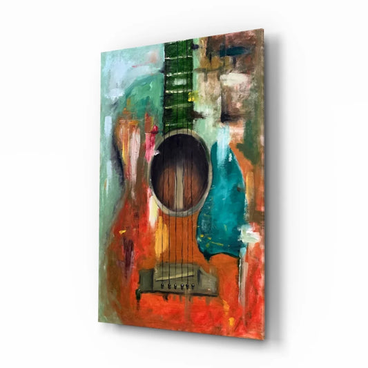 Vibrant abstract guitar glass wall art in teal, orange, green