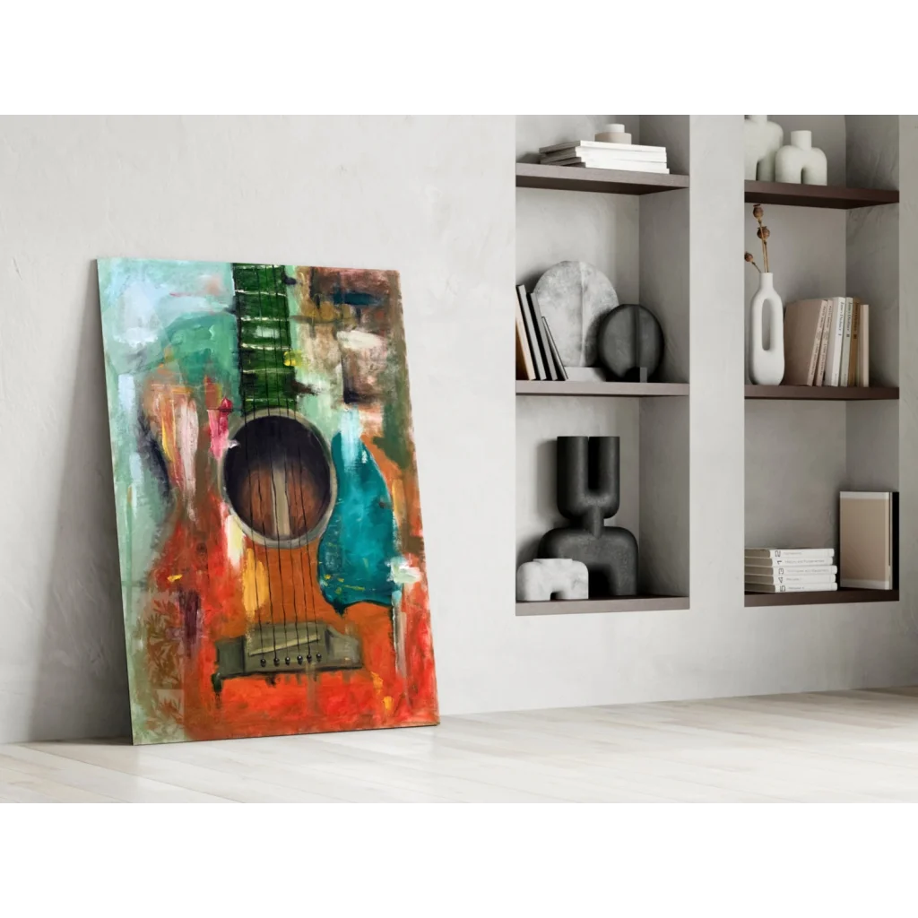 Vibrant abstract guitar on glass wall art with bold orange teal green strokes