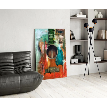 Vibrant abstract guitar on teal orange green glass wall art
