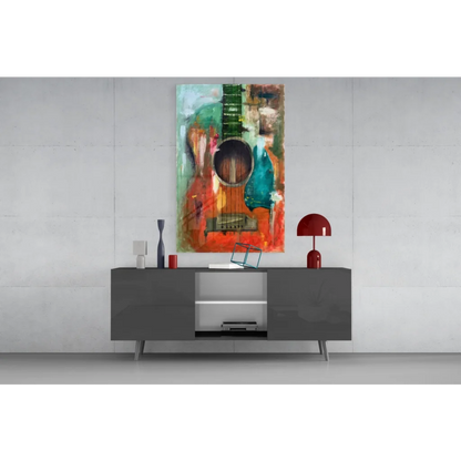 Vibrant abstract guitar on glass wall art with bold orange green teal strokes