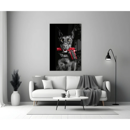 Badass Doberman Glass Wall Art With Gun and Green Eyes | Modern Wall Art Decor | vintageantiquesgifts.com