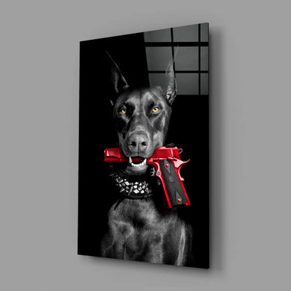Badass Doberman Glass Wall Art With Gun and Green Eyes | Glass Wall Art Print | vintageantiquesgifts.com
