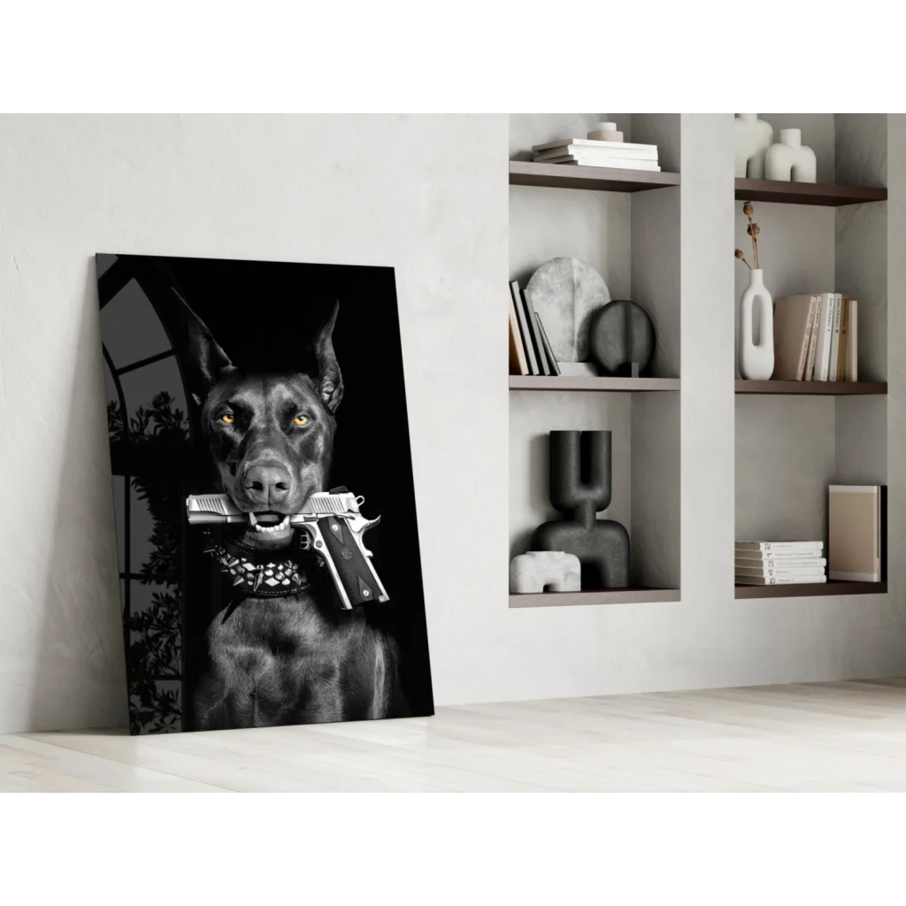 Armed Doberman glass wall art canvas print with yellow eyes and guns