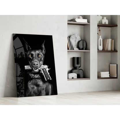 Armed Doberman glass wall art canvas print with yellow eyes and guns