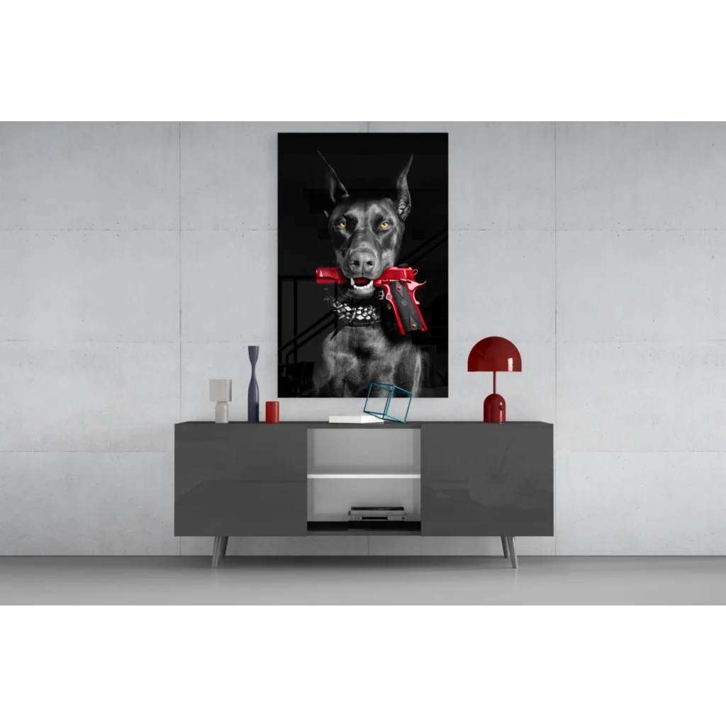 Badass Doberman glass wall art with gun in mouth and green eyes