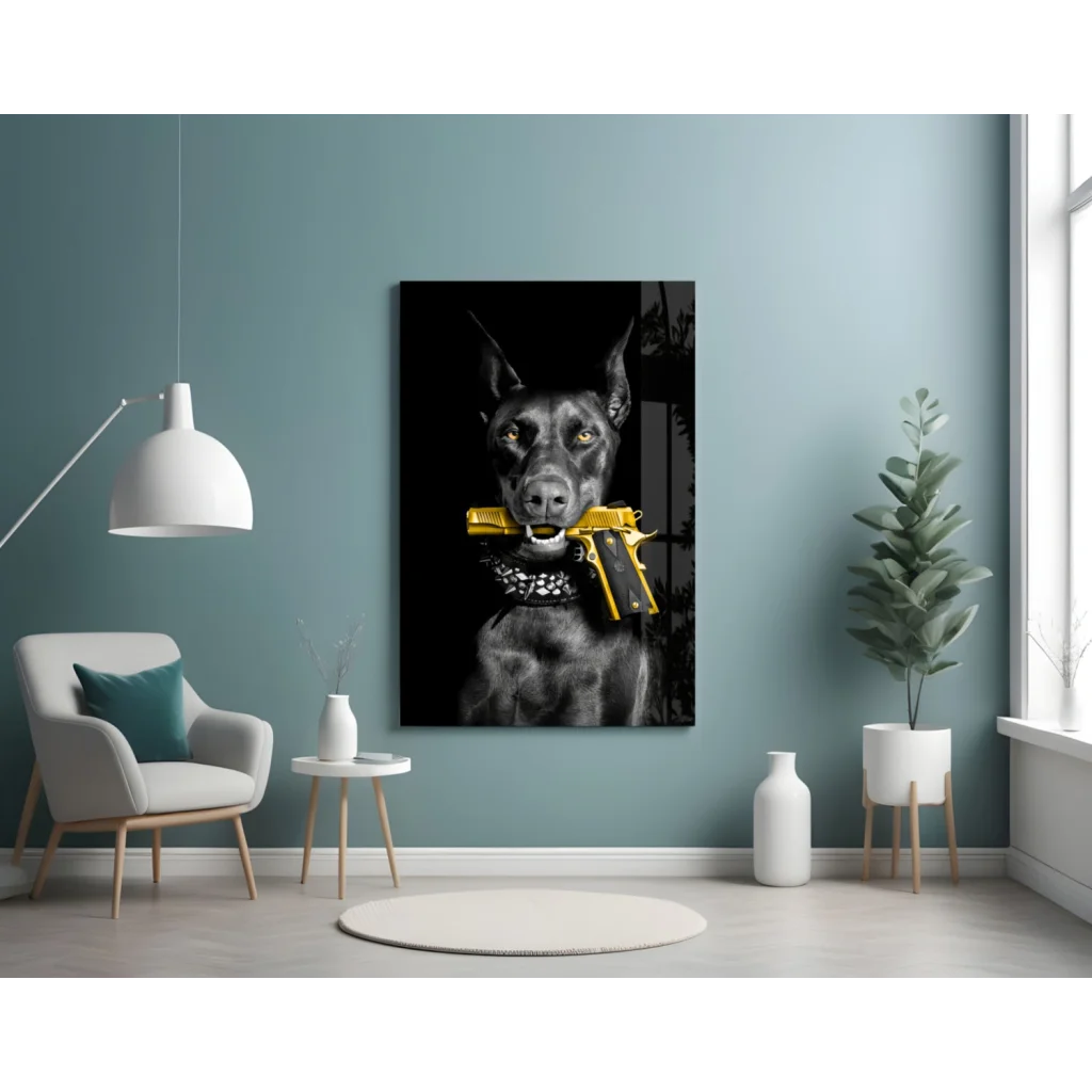 Badass Doberman with golden gun glass wall art portrait