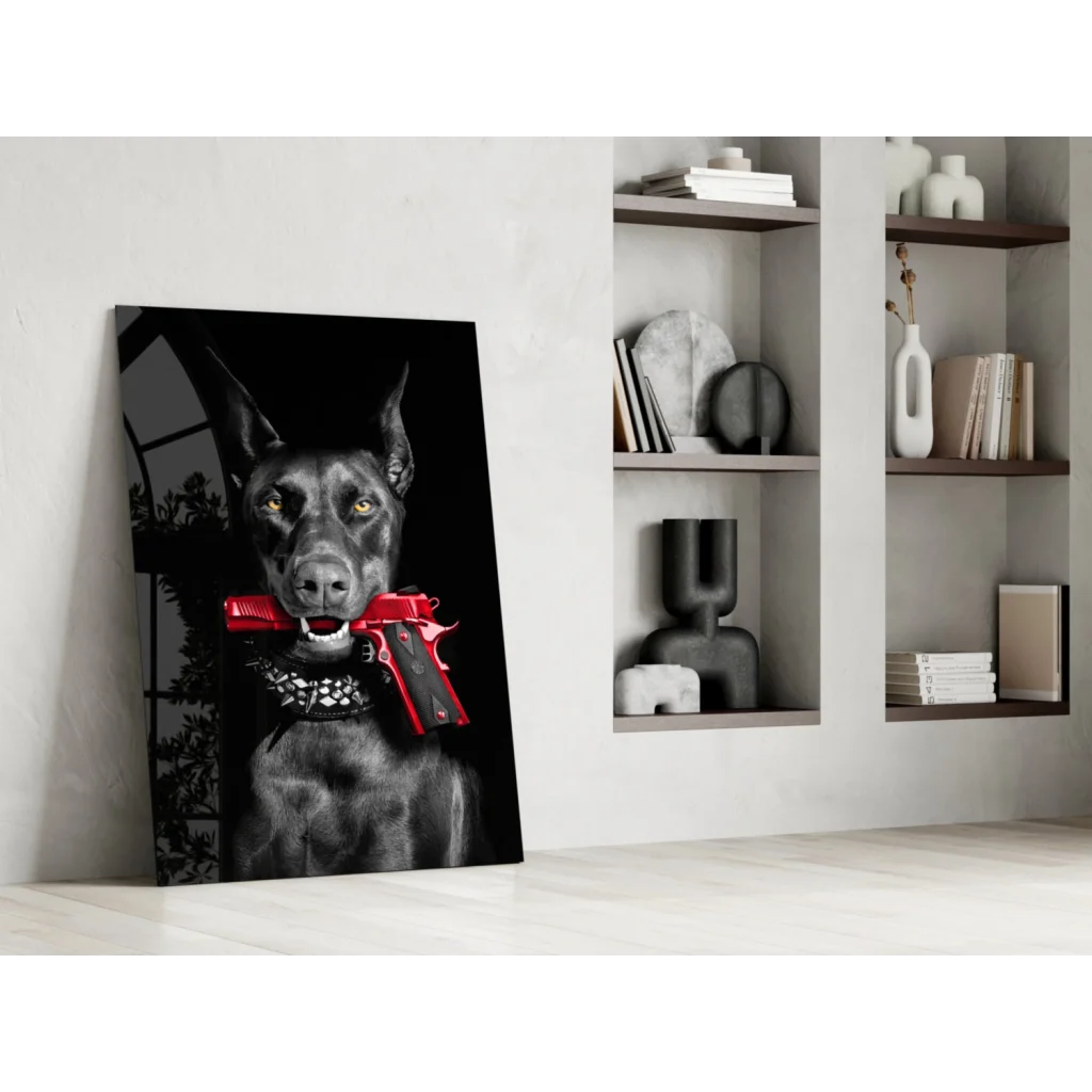Badass black Doberman glass wall art with red gun and green eyes