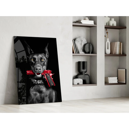 Badass black Doberman glass wall art with red gun and green eyes