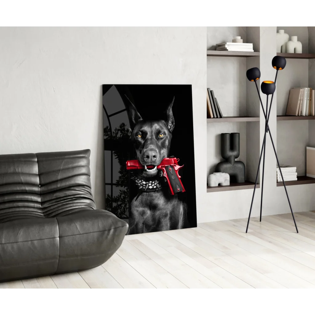 Badass black Doberman glass wall art with red gun and green eyes