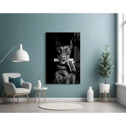 Armed Doberman Glass Wall Art Canvas Print with Yellow Eyes | Contemporary Home Wall Art | vintageantiquesgifts.com