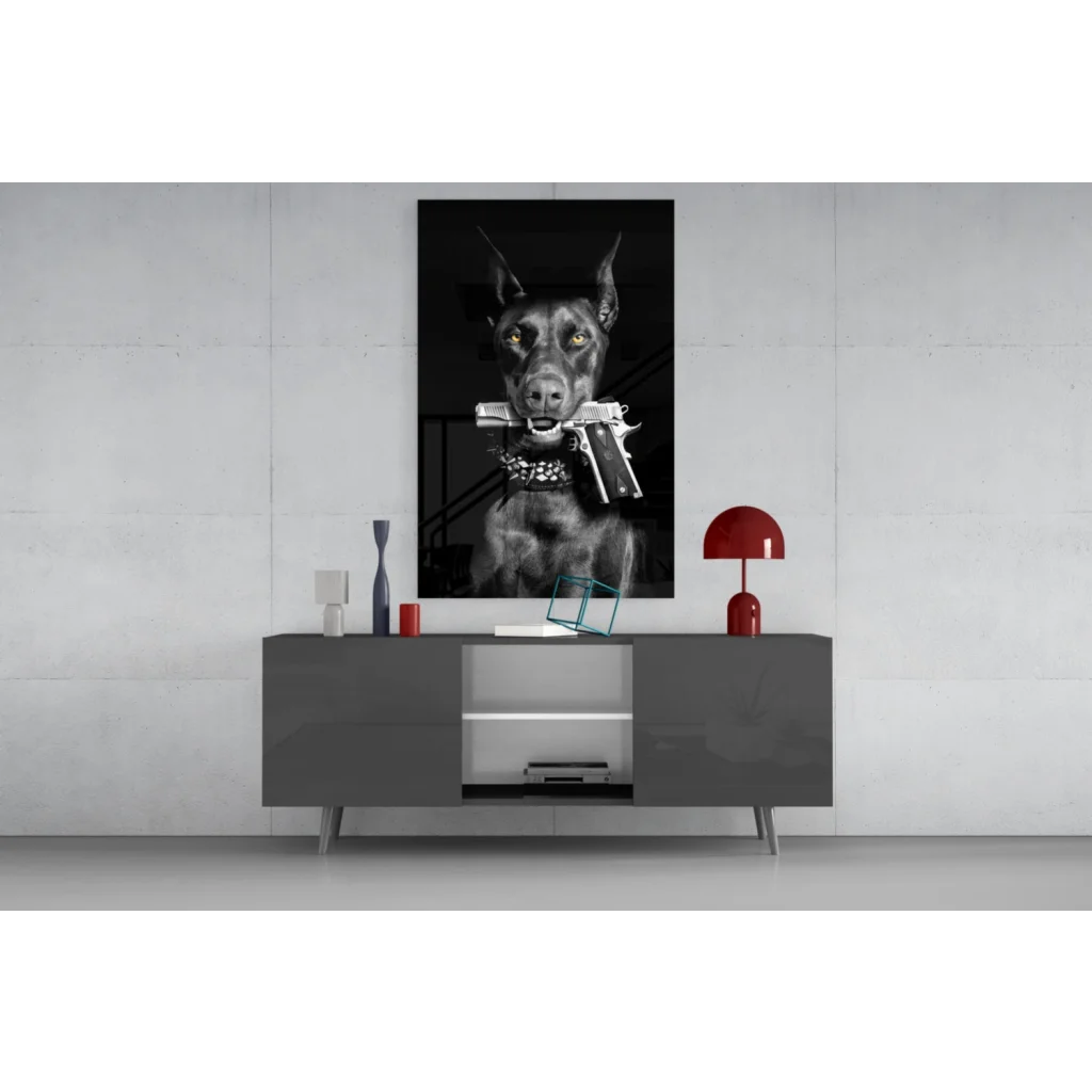 Armed Doberman glass wall art canvas print with yellow eyes and pistol