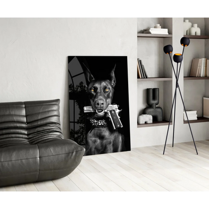 Doberman with pistol in mouth on glass wall art canvas print